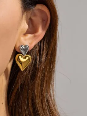 Big Heart Earrings, Two Tone Gold and Silver Double Heart Dangle Earrings