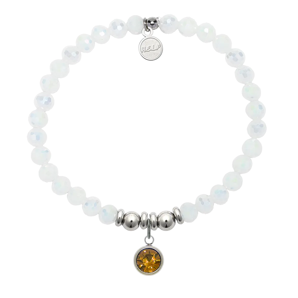 Birthstone Collection - November Citrine Crystal Charm with White Crystal Charity Bracelet