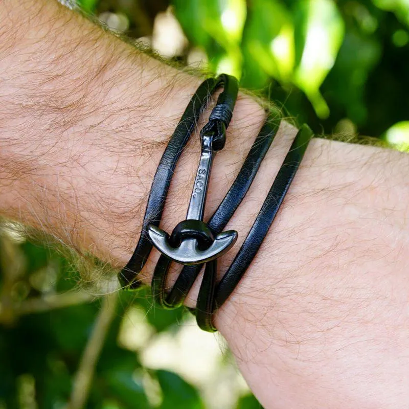 Black Anchor Wrap Bracelet | Black Leather