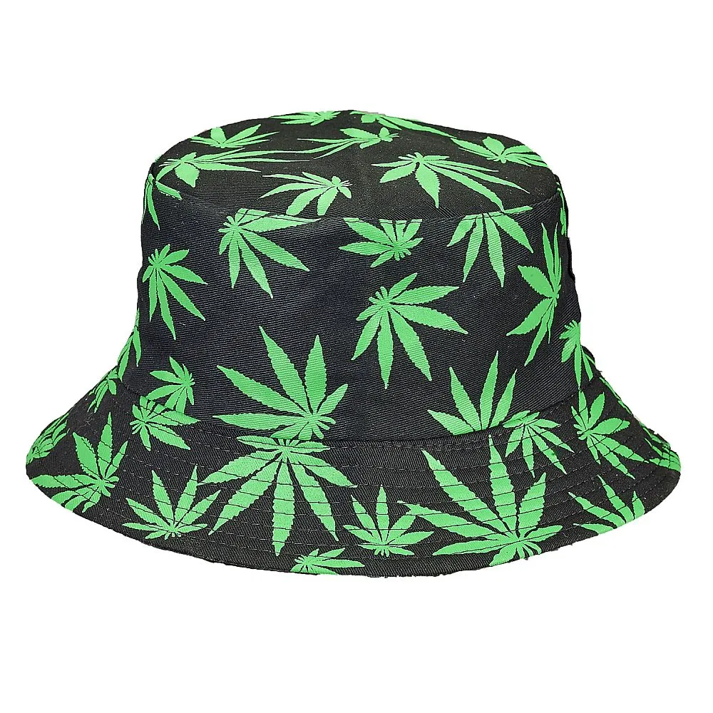 BLACK BUCKET HAT W/ GREEN LEAVES