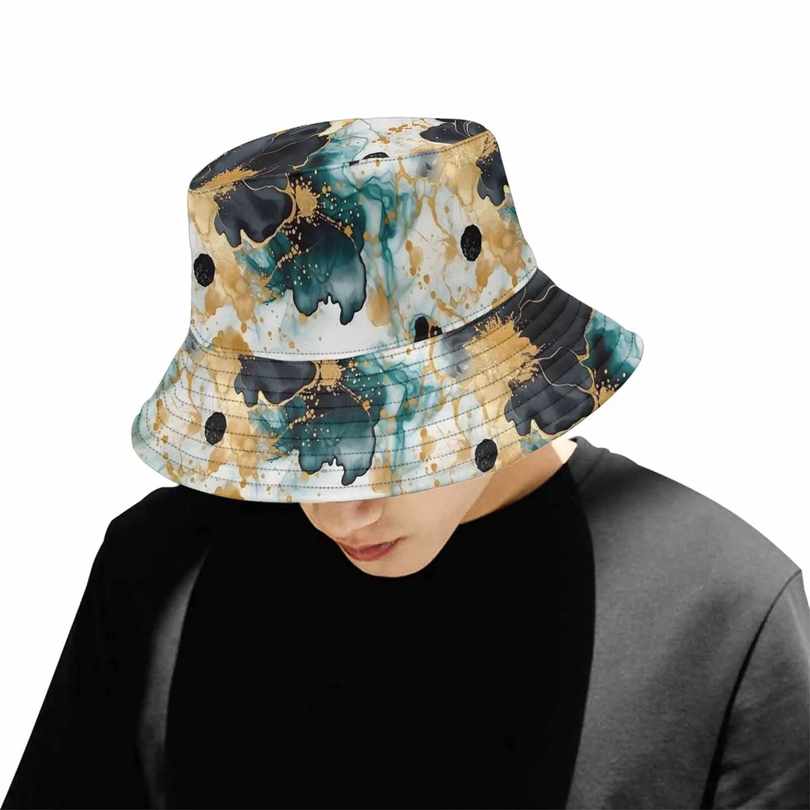 Black Gold & Green Ink Floral  Unisex Summer Single-Layer Bucket Hat