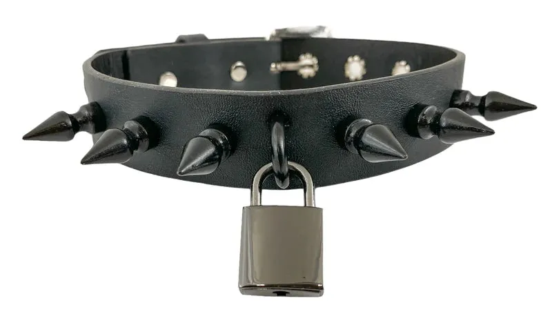 Black Leather Collar w/ U Ring, Lock and 1" Spikes