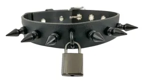 Black Leather Collar w/ U Ring, Lock and 1" Spikes