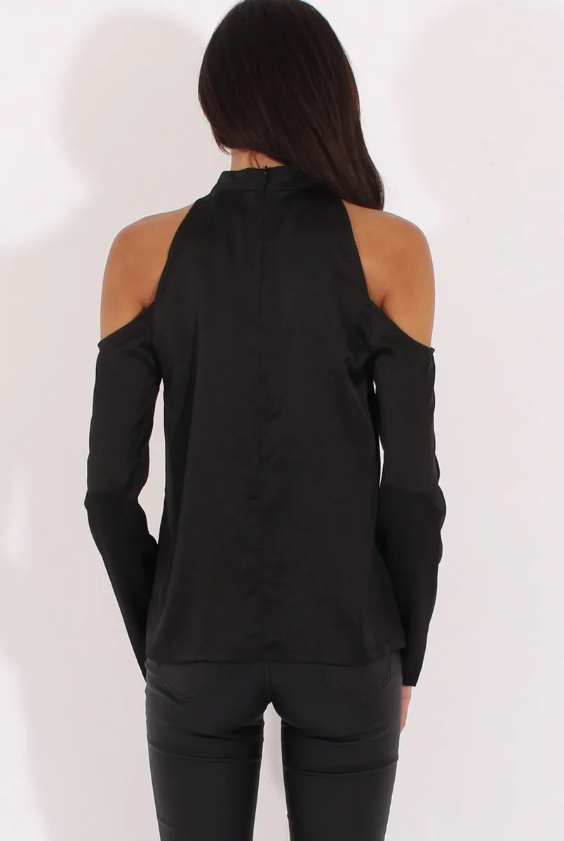 Black Satin Cold Shoulder Choker Top - Dana