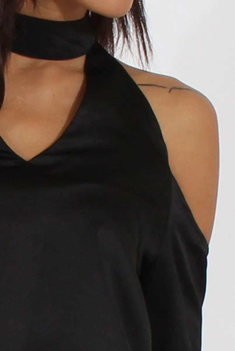 Black Satin Cold Shoulder Choker Top - Dana