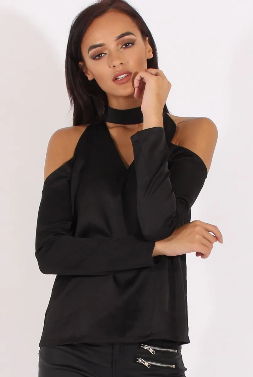 Black Satin Cold Shoulder Choker Top - Dana