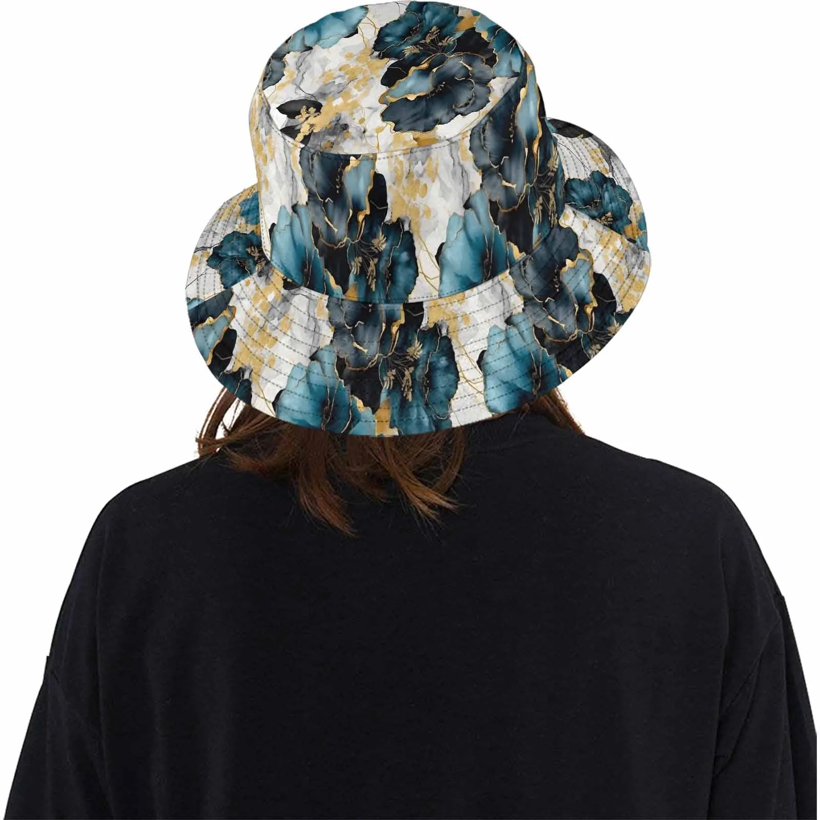 Blue & Gold Ink Floral  Unisex Summer Single-Layer Bucket Hat