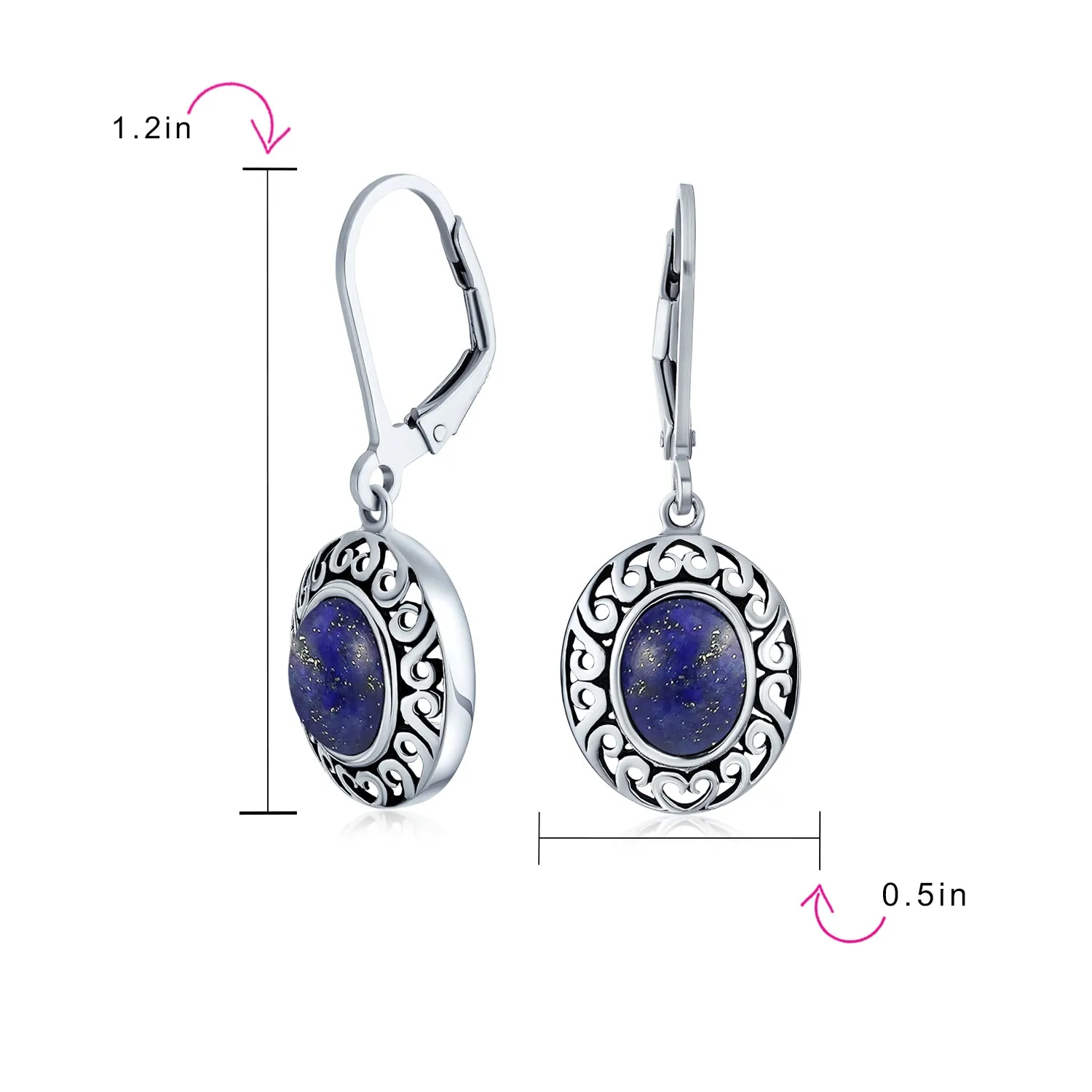 Blue Black Purple Red Green Dangle Gemstone Earrings in Sterling Silver 3CTW Bezel Set