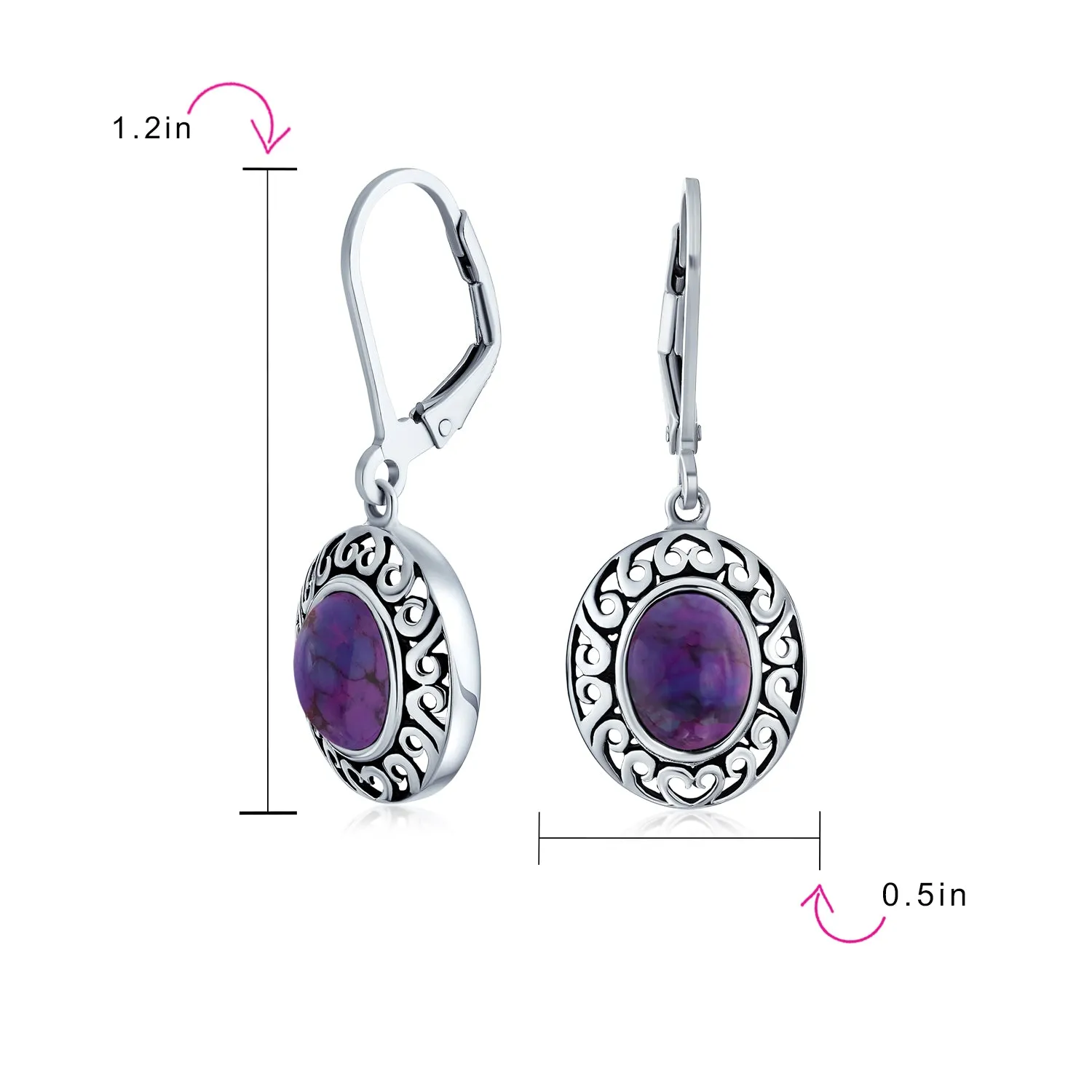 Blue Black Purple Red Green Dangle Gemstone Earrings in Sterling Silver 3CTW Bezel Set