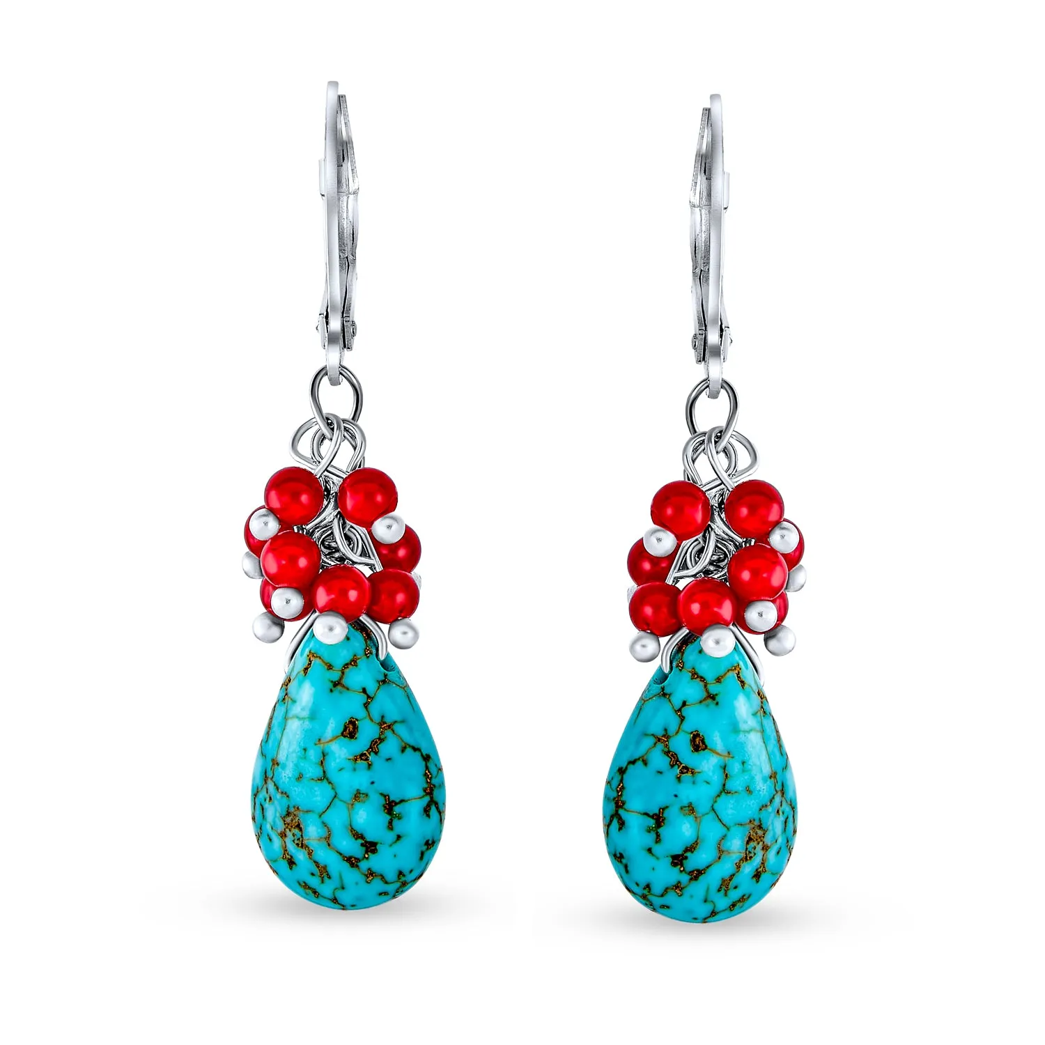 Boho Dangle Gemstone Earrings with Red Coral and Blue Turquoise Teardrop Accents