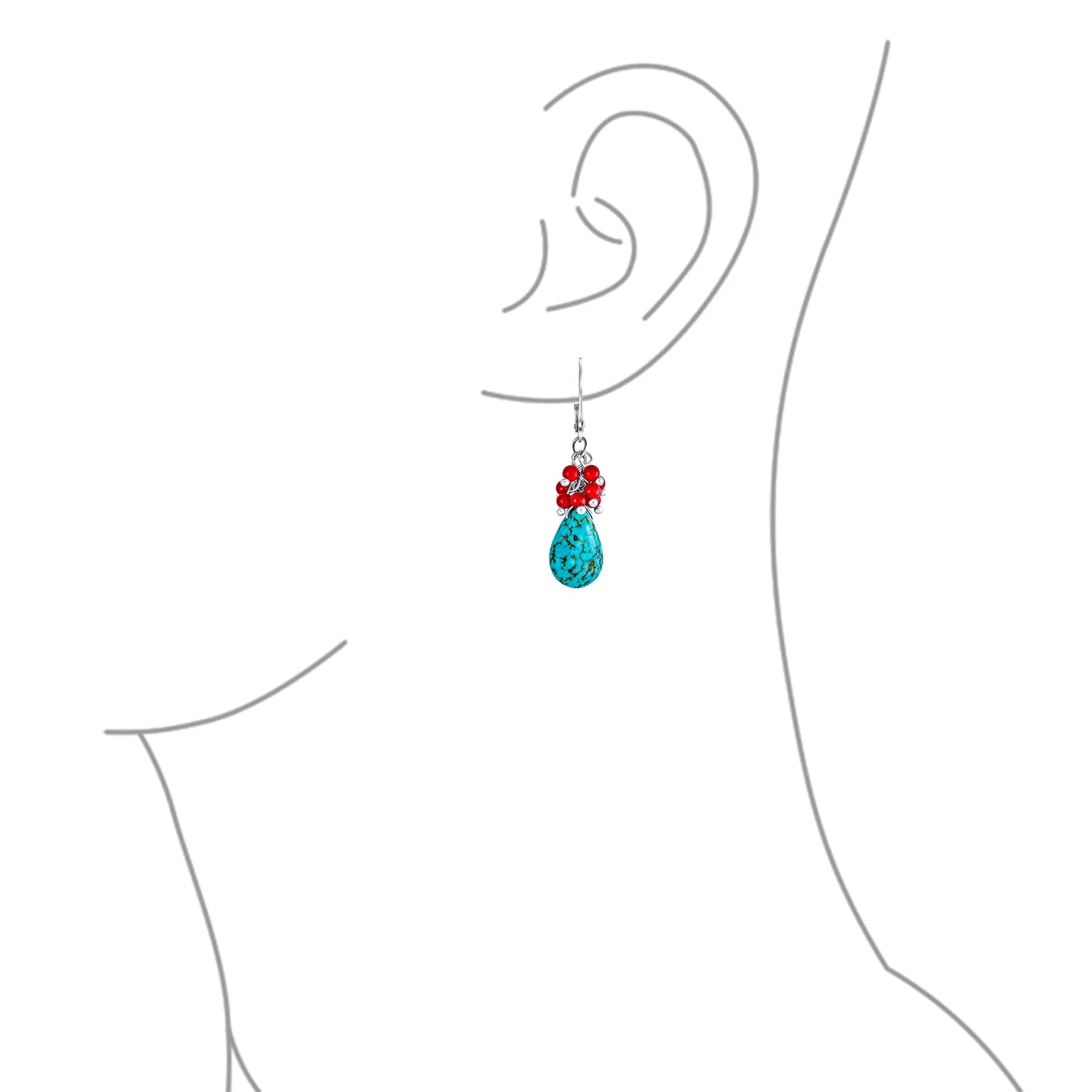 Boho Dangle Gemstone Earrings with Red Coral and Blue Turquoise Teardrop Accents