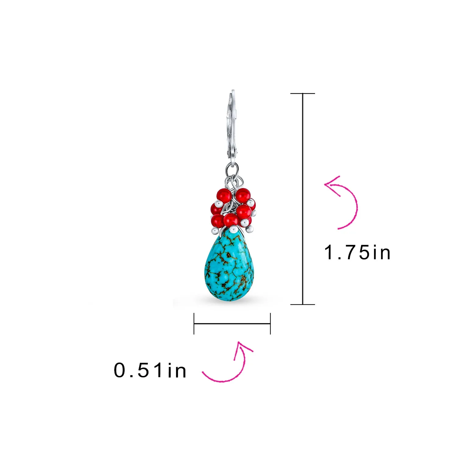 Boho Dangle Gemstone Earrings with Red Coral and Blue Turquoise Teardrop Accents