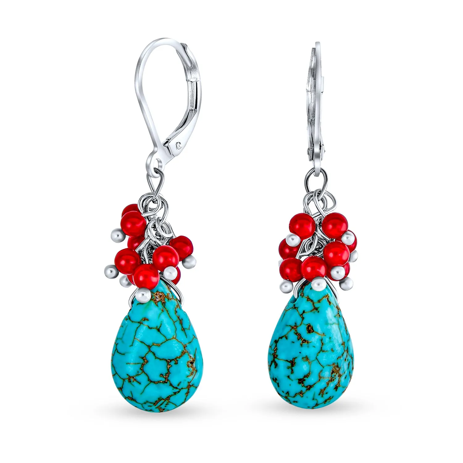 Boho Dangle Gemstone Earrings with Red Coral and Blue Turquoise Teardrop Accents