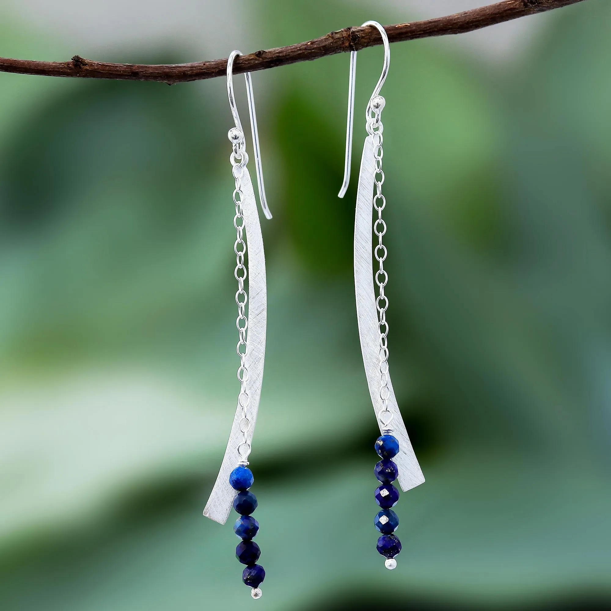 Bright Curve Modern Lapis Lazuli Beaded Dangle Earrings from Thailand