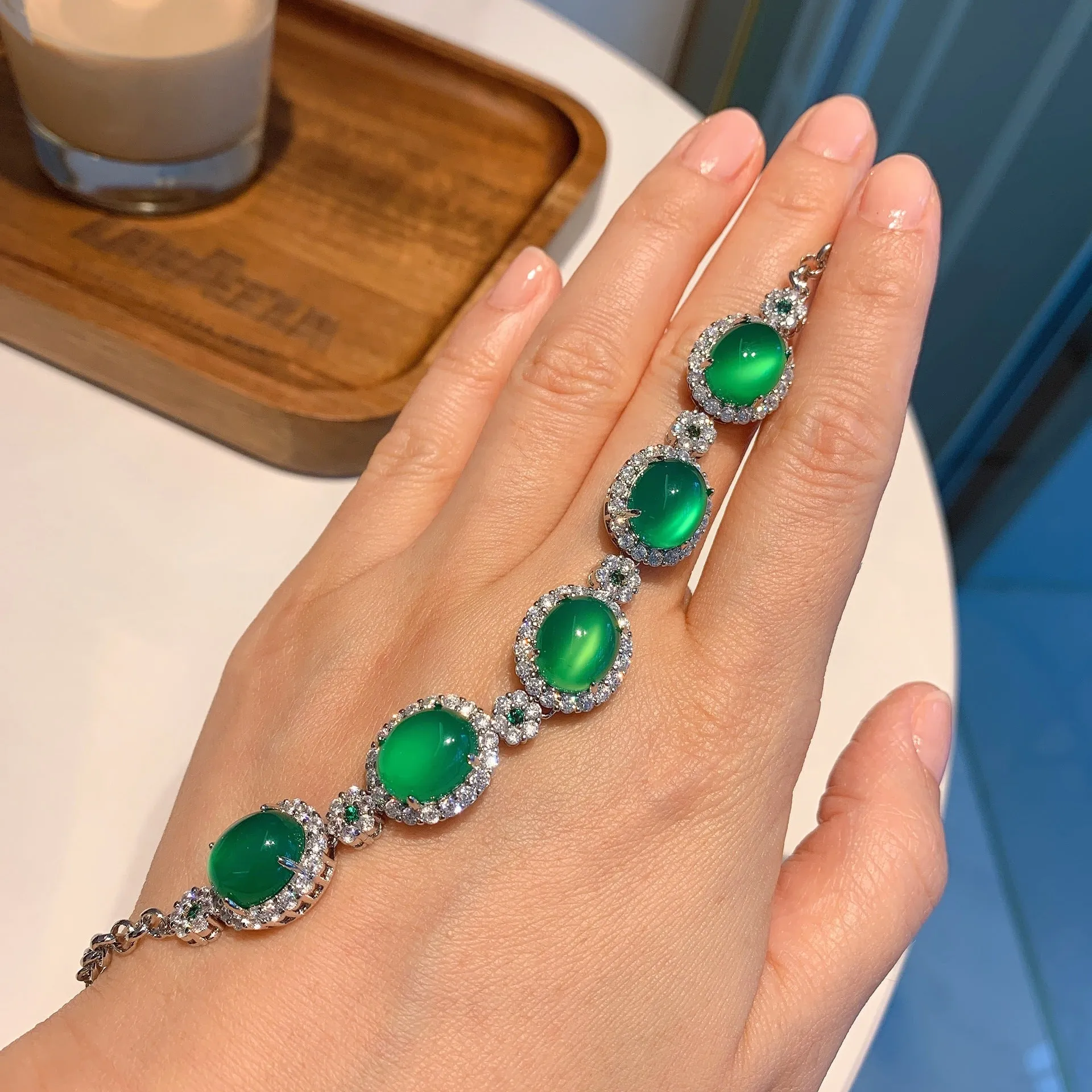 Chalcedony Emerald Green Fluorescent Jade Bracelet- Round Diamond Jade Bracelet