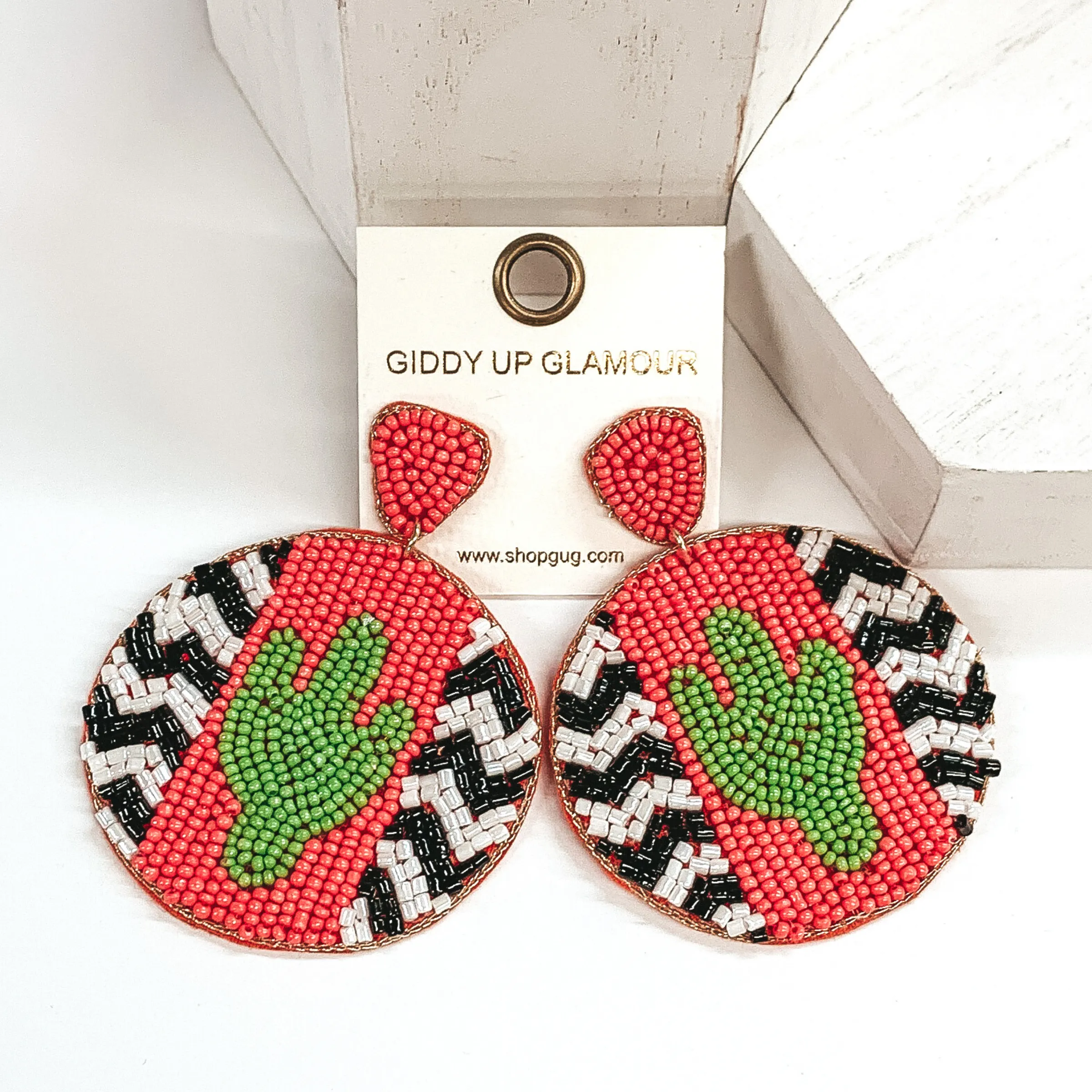 Chevron and Cactus Beaded Circle Drop Earrings in Coral