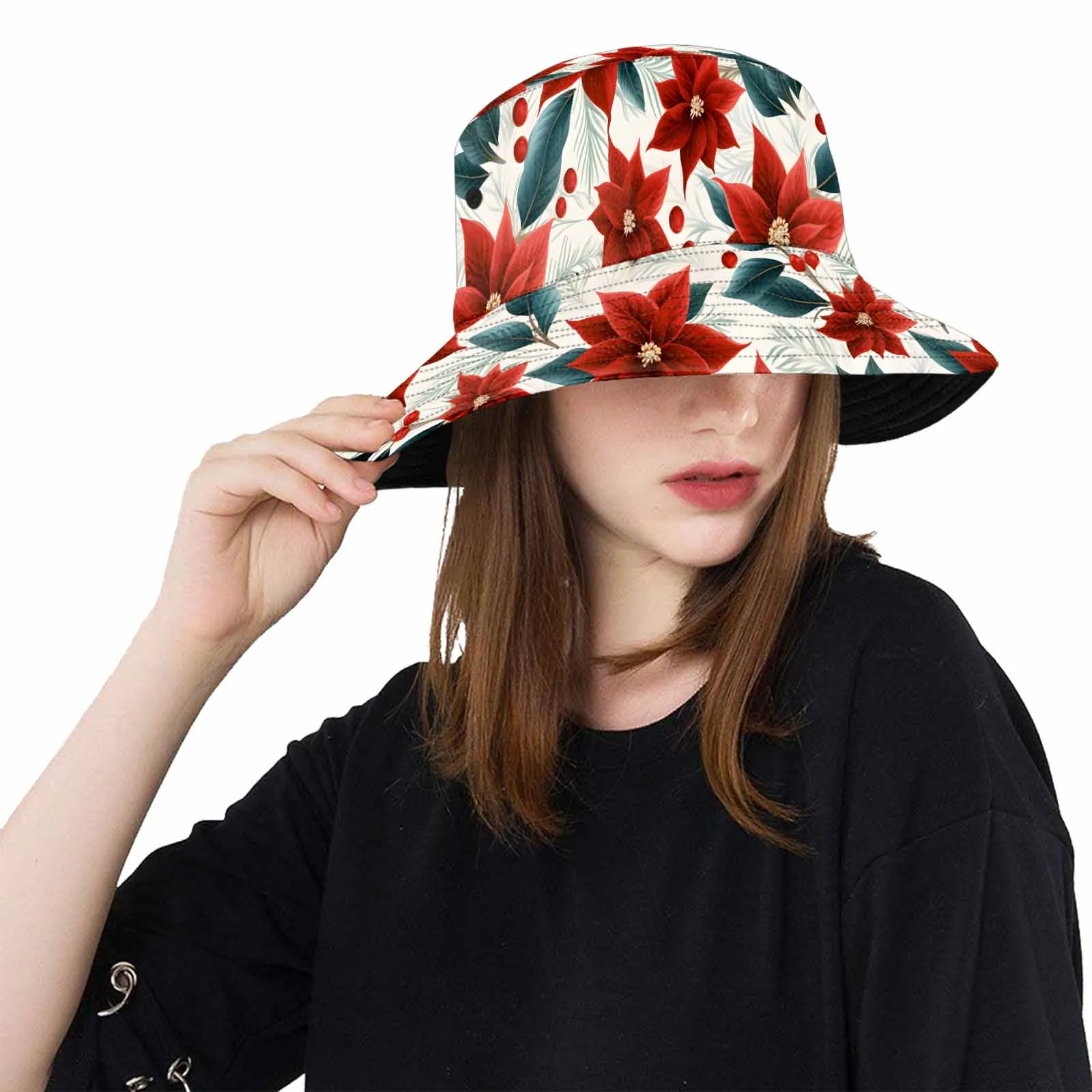 Christmas Red Poinsettia  Unisex Summer Single-Layer Bucket Hat