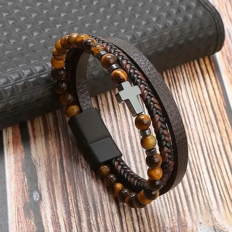 Classic Cross Leather Bracelet For Men Stainless Steel Multi Layer Combination Tiger Eye Bead Leather Bracelet Fashion Jewelry