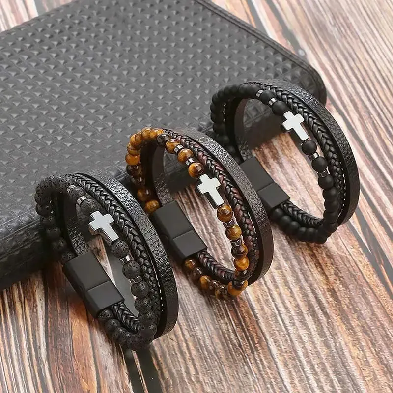 Classic Cross Leather Bracelet For Men Stainless Steel Multi Layer Combination Tiger Eye Bead Leather Bracelet Fashion Jewelry