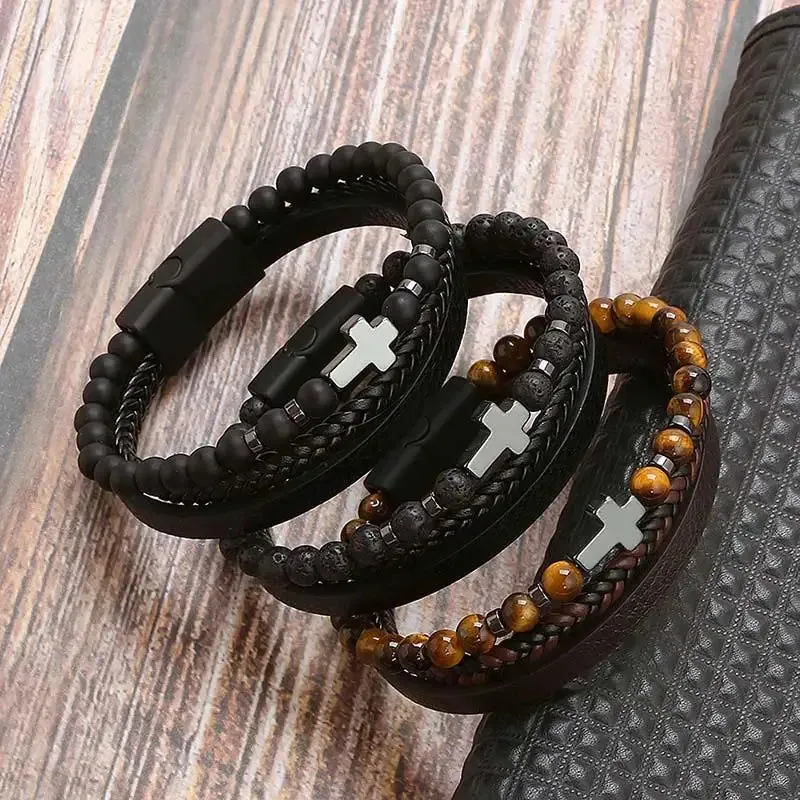 Classic Cross Leather Bracelet For Men Stainless Steel Multi Layer Combination Tiger Eye Bead Leather Bracelet Fashion Jewelry