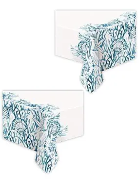 Coastal Blue & White Coral Reef Plastic Table Cover, 54" x 84" (2 Pack)