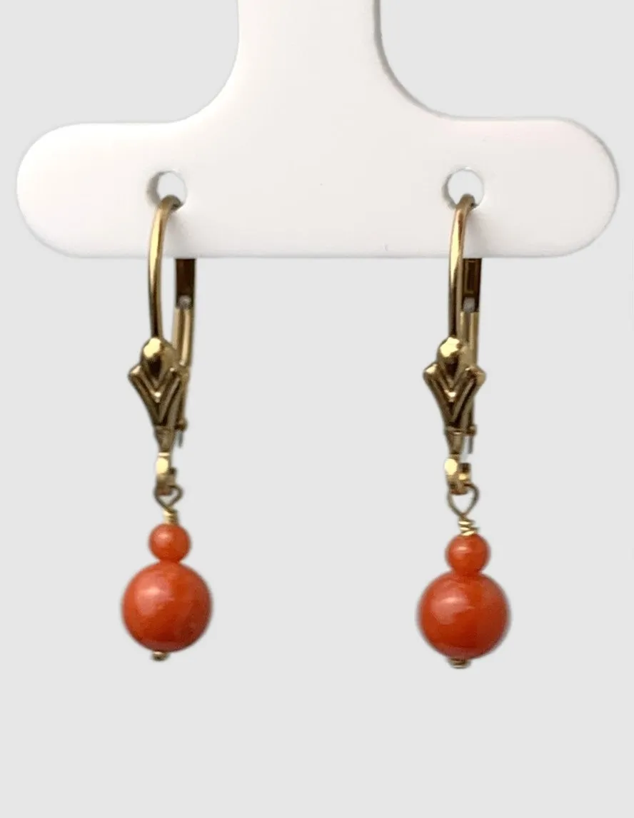 Coral 2 Bead Drop Earrings in 14KY - EAR-020-WIREGM14Y-CRL