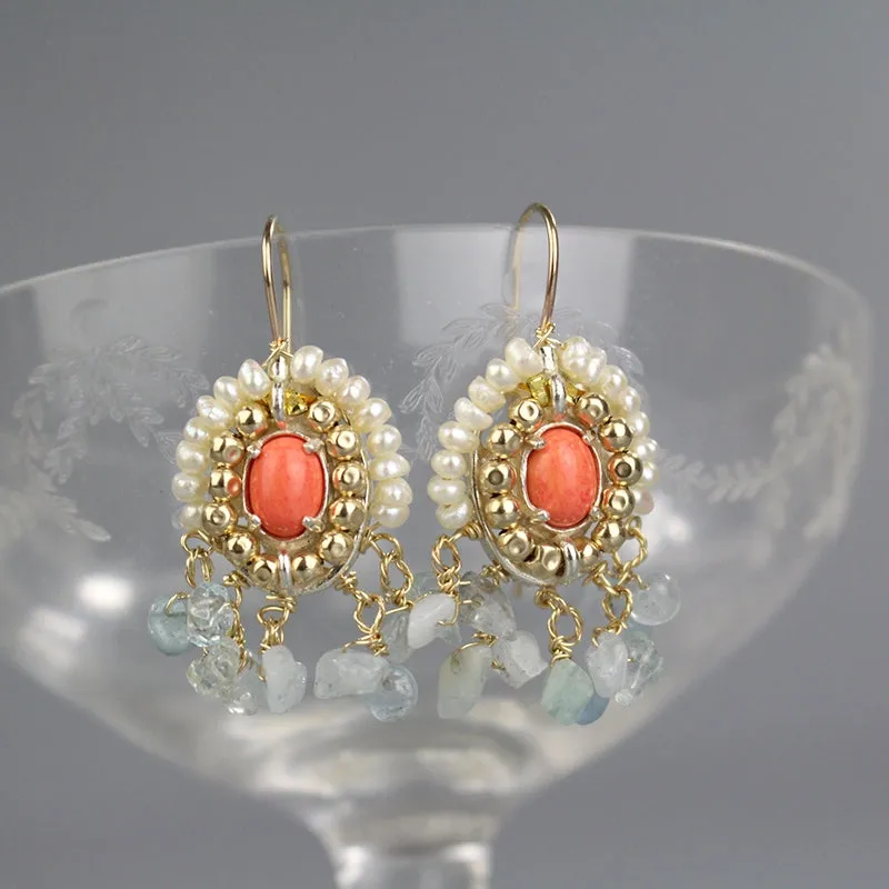 Coral Aquamarine Pearls Cherkes earrings