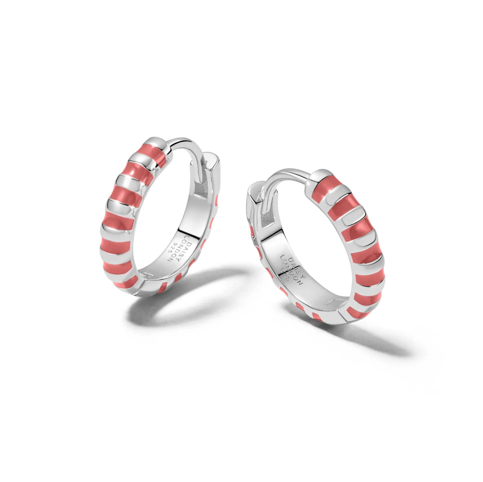 Coral Fine Stripe Huggie Hoop Earrings Sterling Silver