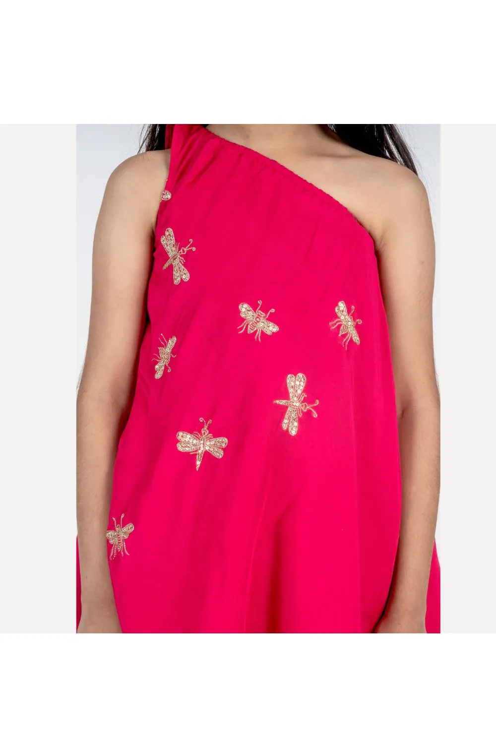 Coral Handmade Dragonfly Embroidered One Shoulder Kurta With Dhoti Set