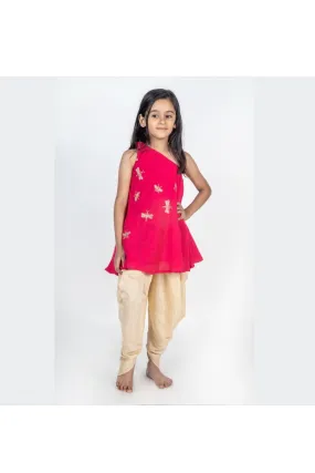 Coral Handmade Dragonfly Embroidered One Shoulder Kurta With Dhoti Set