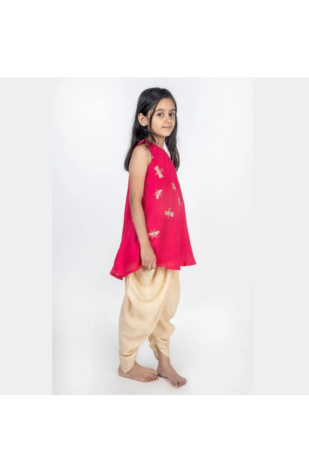 Coral Handmade Dragonfly Embroidered One Shoulder Kurta With Dhoti Set