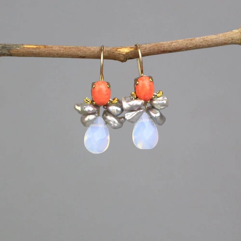 Coral Keshi Pearl Bee Earrings