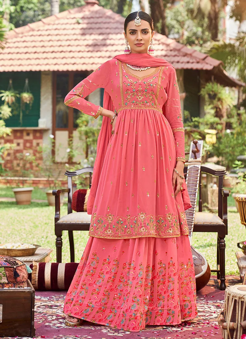 Coral Pink Traditional Embroidery Lehenga Kurti