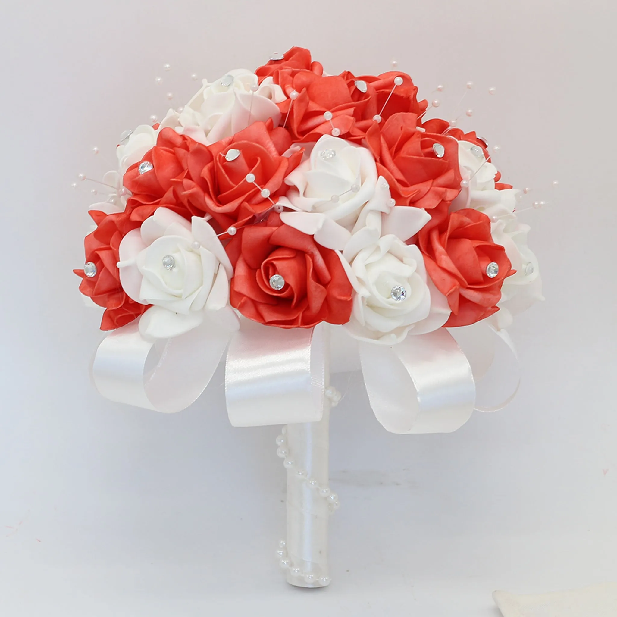 Coral Rose Wedding Bouquet Faux Pearls