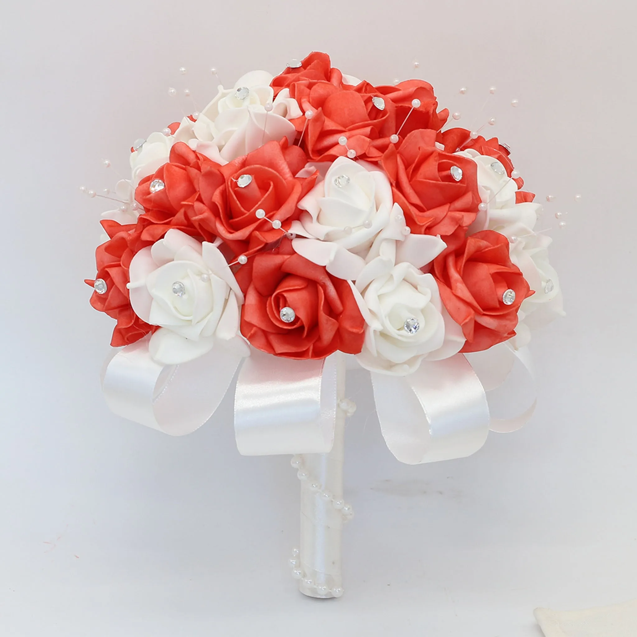 Coral Rose Wedding Bouquet Faux Pearls