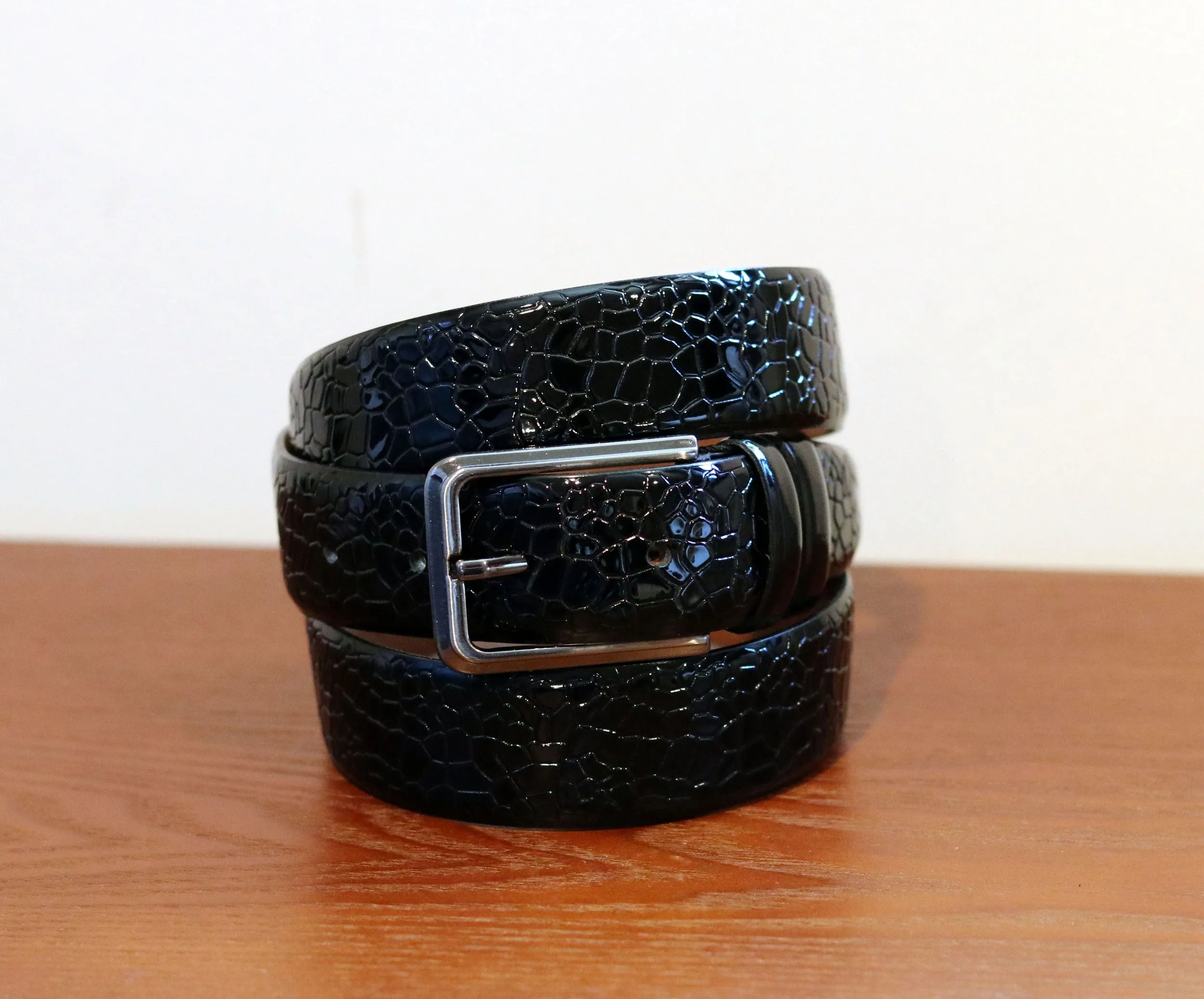 Crocodile Printed Leather Belt Black