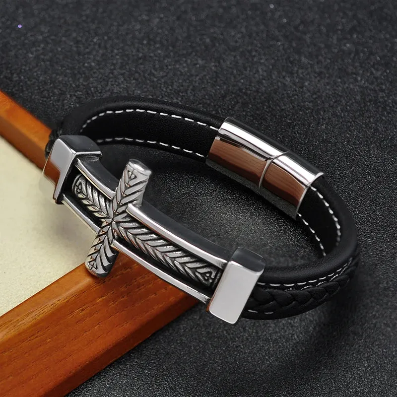 Cross stainless steel leather bracelet