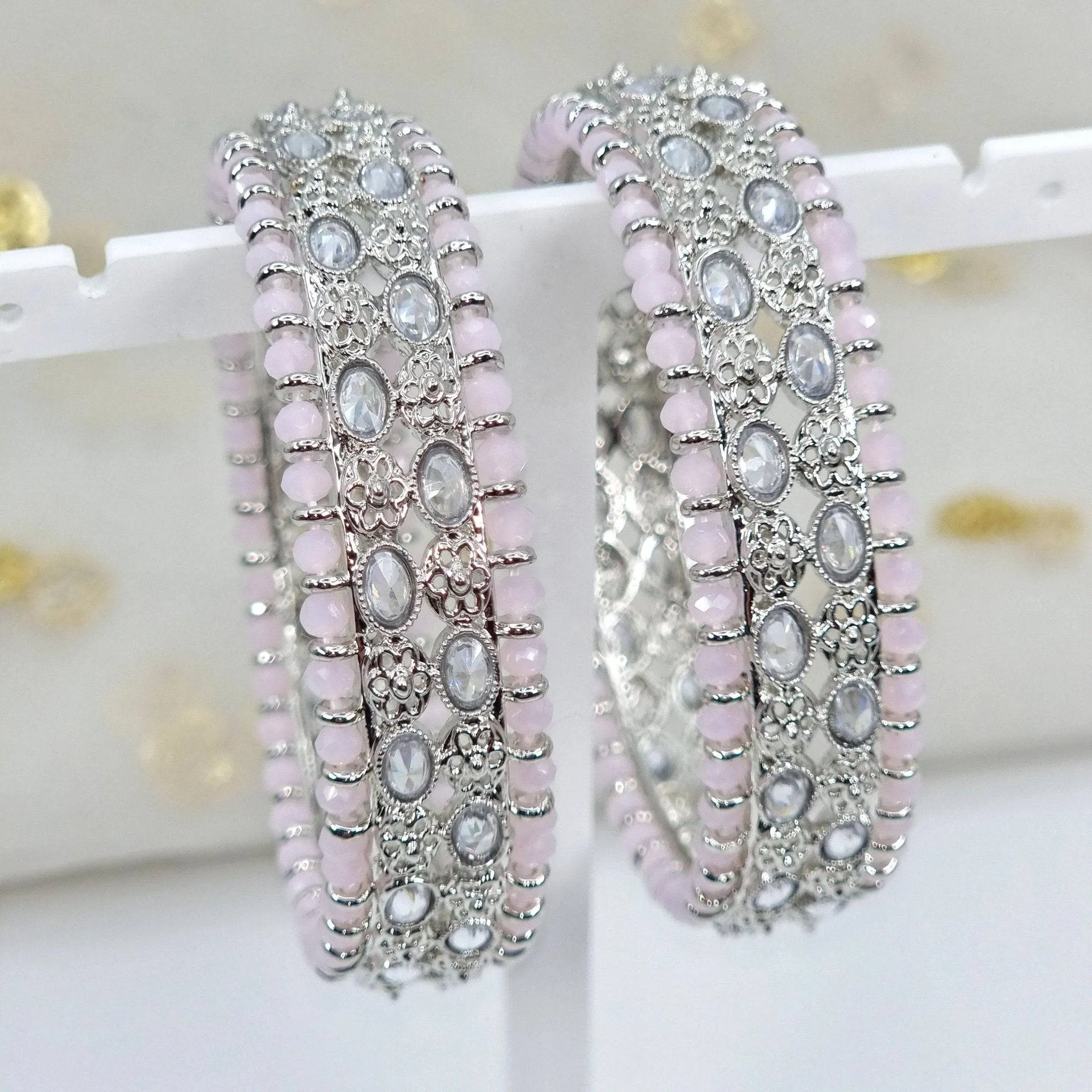 DANIAA- Pair of Silver Pink Polki Kangan