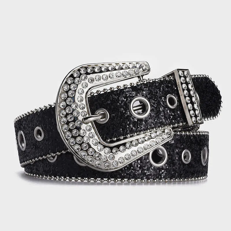 Dazzling Sequin Rhinestone Buckle Leather Belt