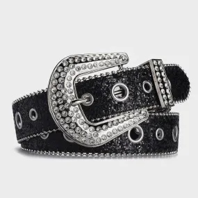 Dazzling Sequin Rhinestone Buckle Leather Belt