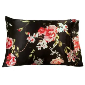 Decorative Accent Pillow. Black with Coral Flowers