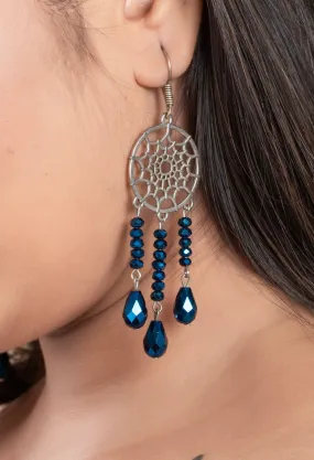 Designer Handmade Blue Crystal Earrings with Dreamcatcher Design in German Silver