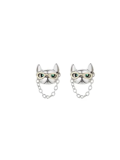 Dog Stud Earrings with Chain 925 Sterling Silver Nickel Free Luxury Cool Dog Earrings