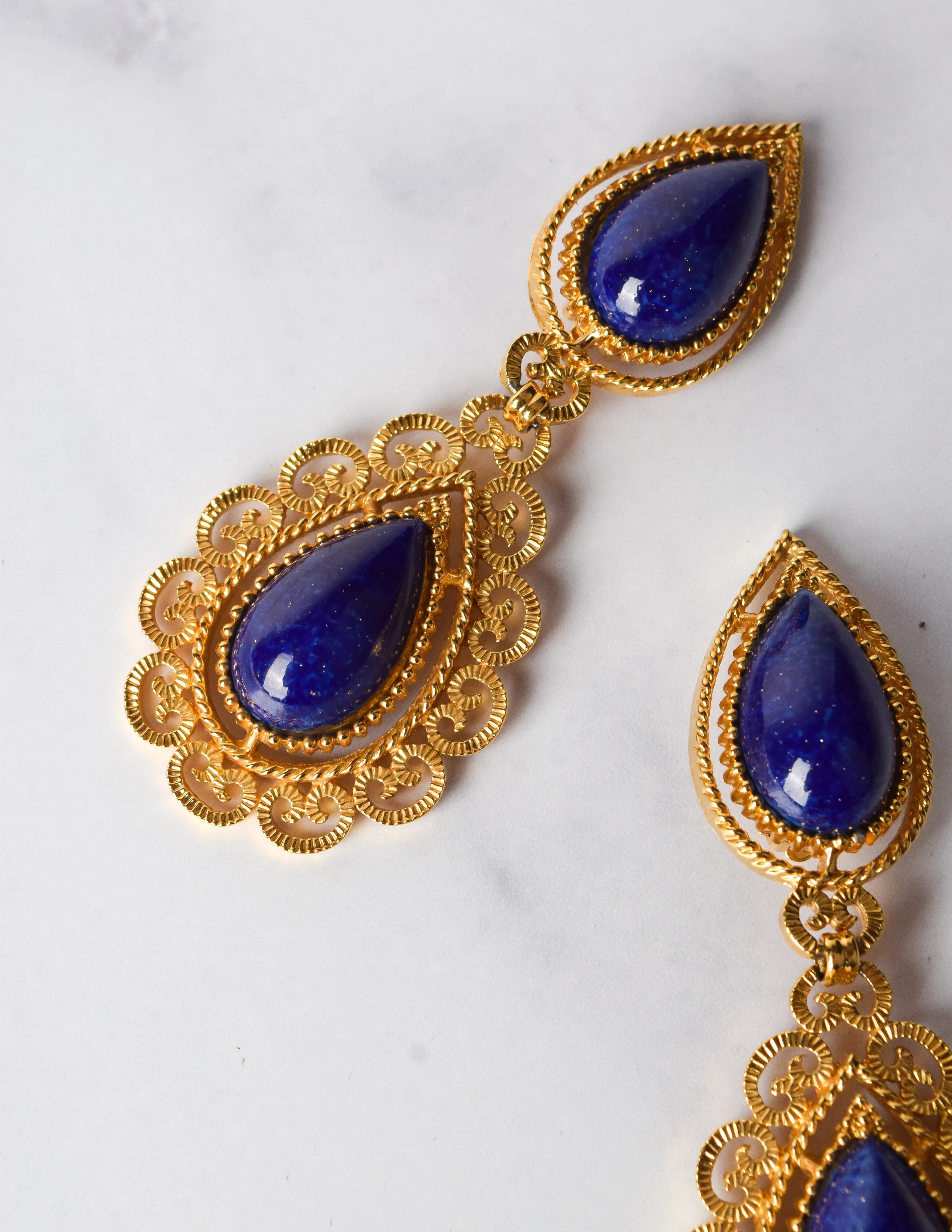 D'Orlan Vintage Massive Lapis and Golden Baroque Dangle Earrings