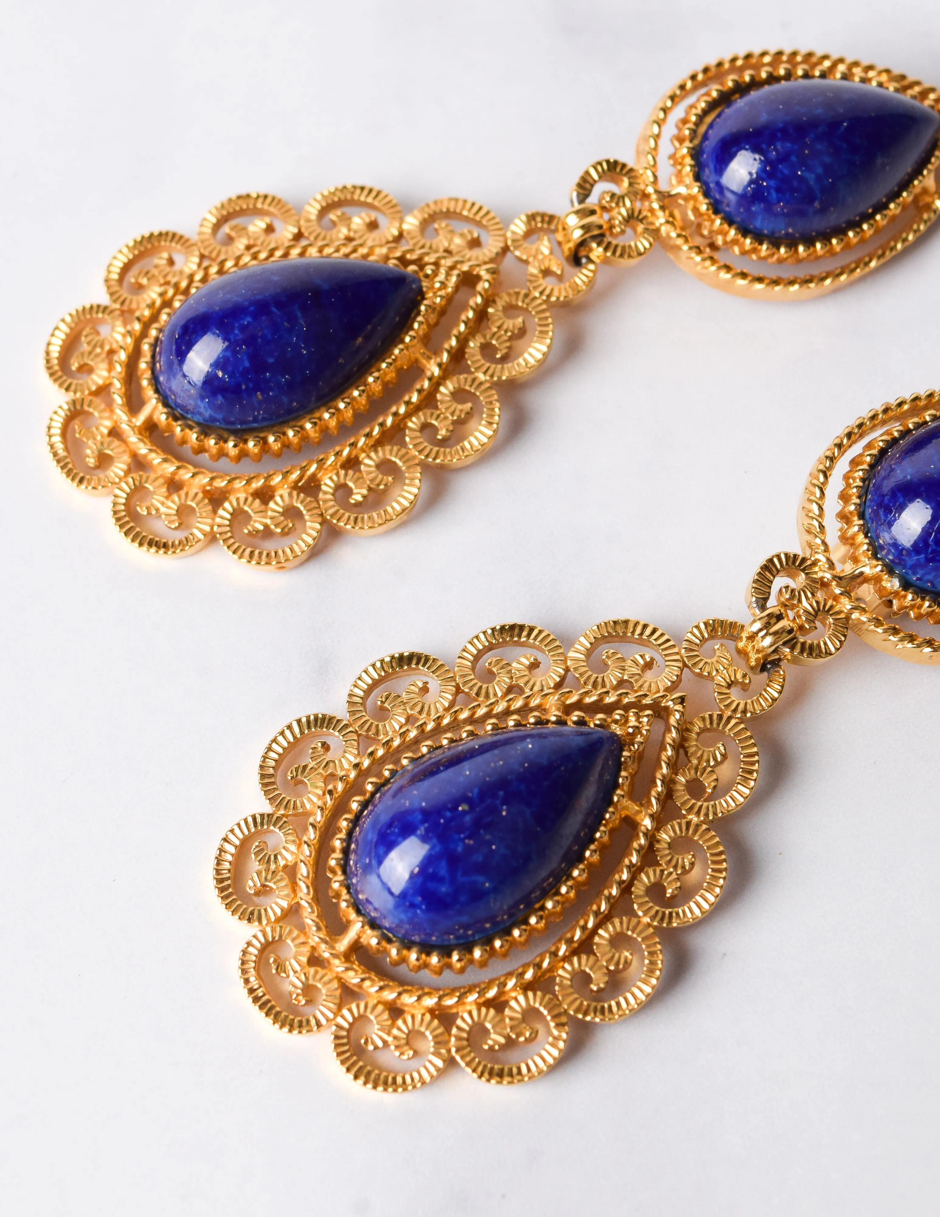 D'Orlan Vintage Massive Lapis and Golden Baroque Dangle Earrings