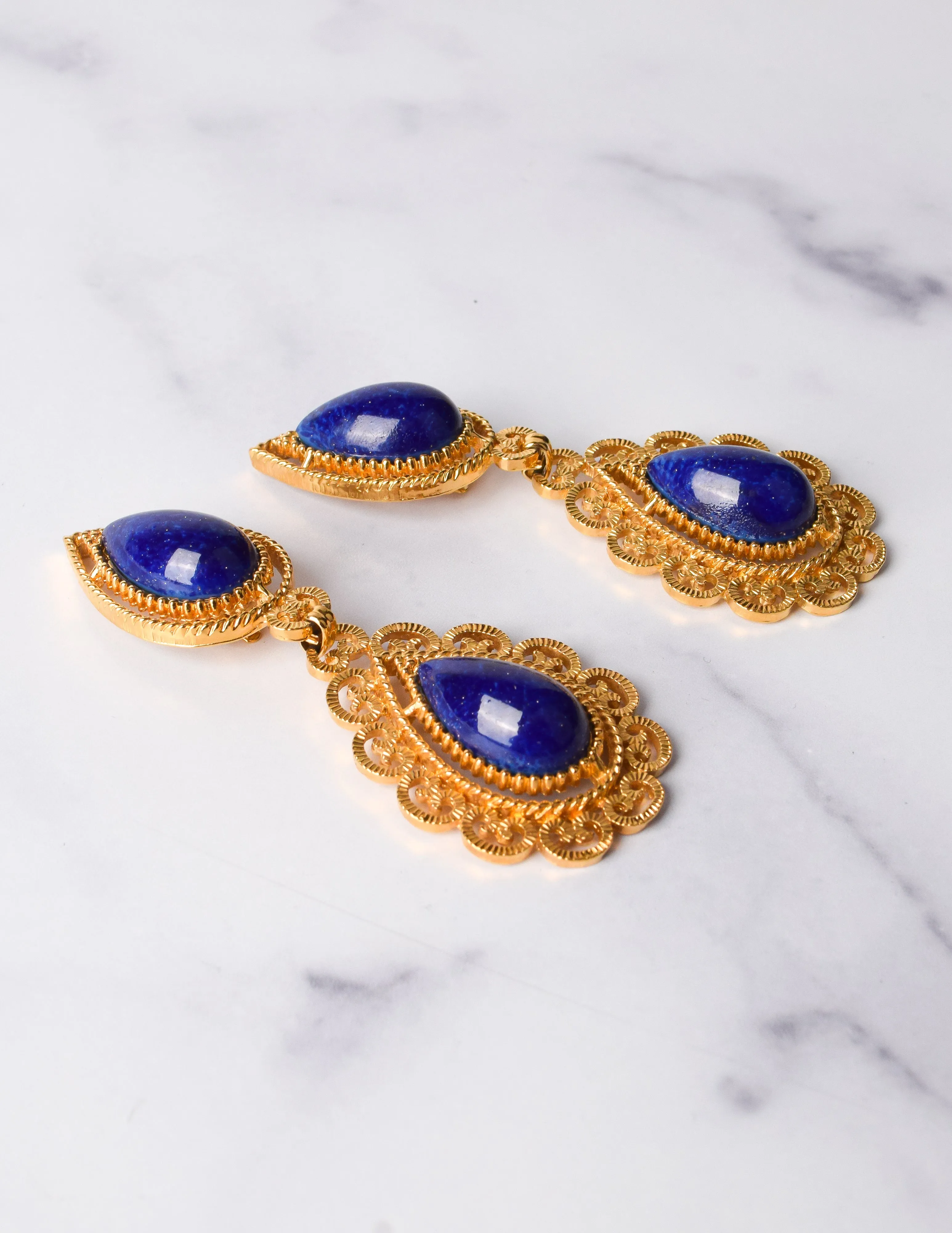 D'Orlan Vintage Massive Lapis and Golden Baroque Dangle Earrings