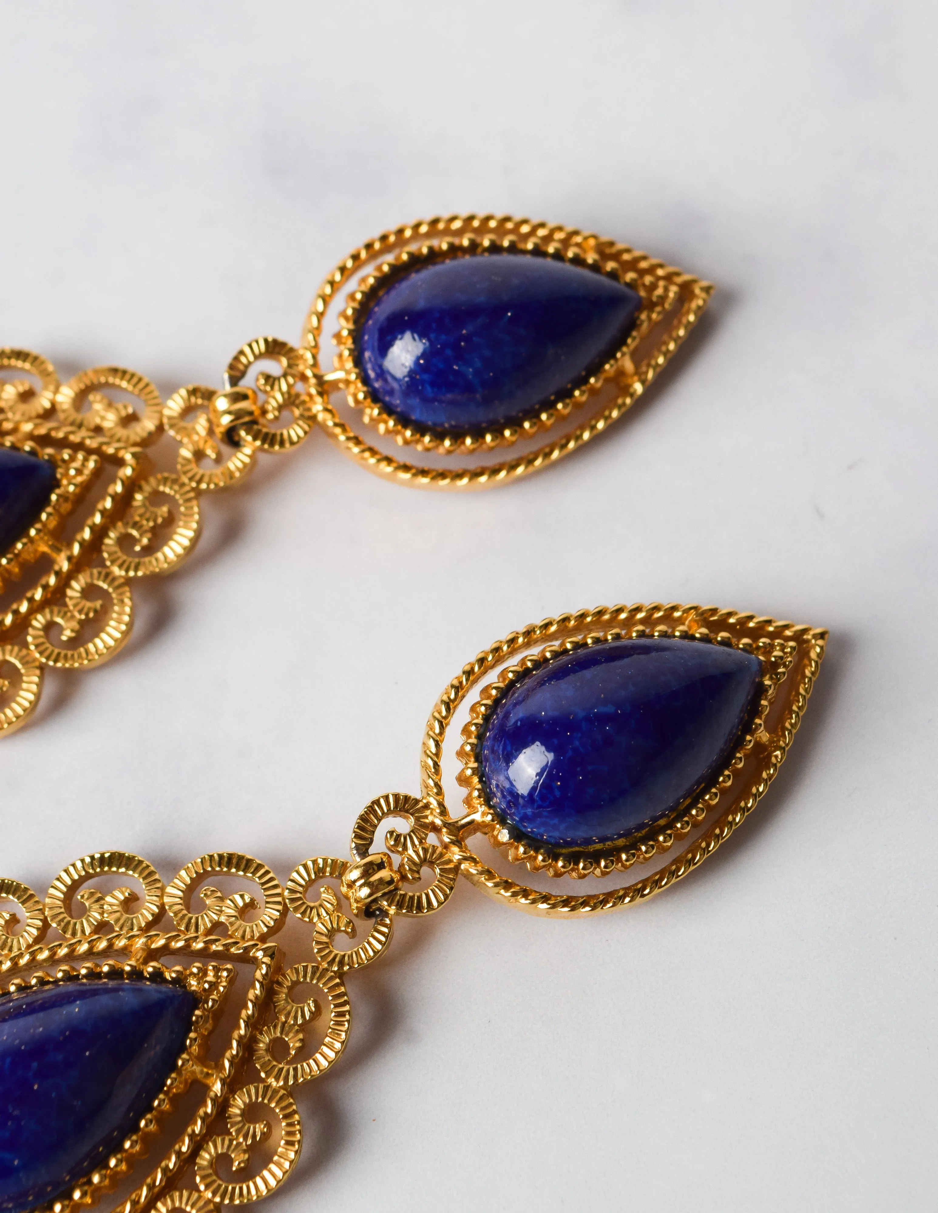 D'Orlan Vintage Massive Lapis and Golden Baroque Dangle Earrings