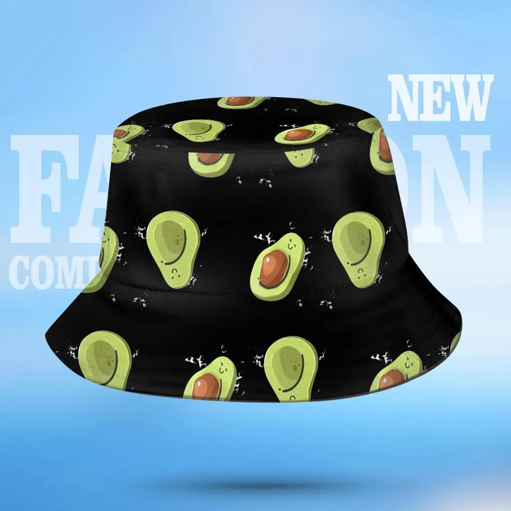 Double-Side-Wear Summer Bucket Hat Funny Bucket Hats Unisex Print Beach Sun Cap Reversible Avocado White