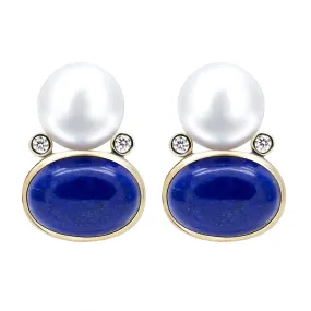 Earrings - South Sea Pearl, Lapis Lazuli And Diamond In 18k Gold