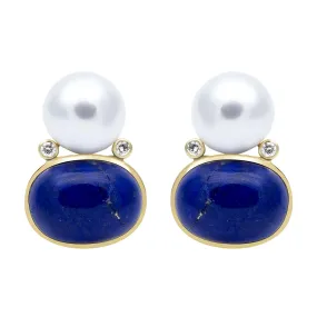 Earrings - Southsea Pearl, Lapiz Lazulli And Diamond